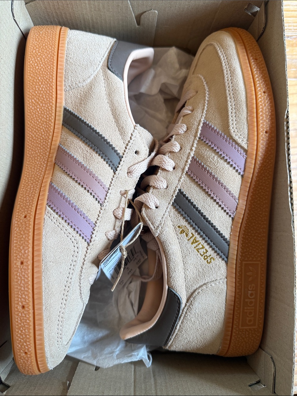 adidas Handball Spezial Suede Sneaker in Beige with Pink & Gray Stripes - Picture 5 of 7